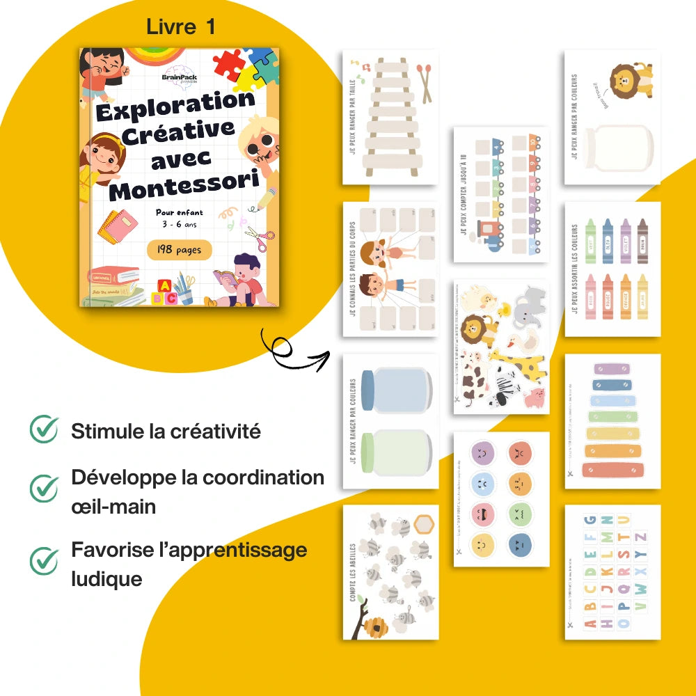 Voorbeeld van de pagina's van het activiteitenboek Creatieve Verkenning met Montessori om te printen